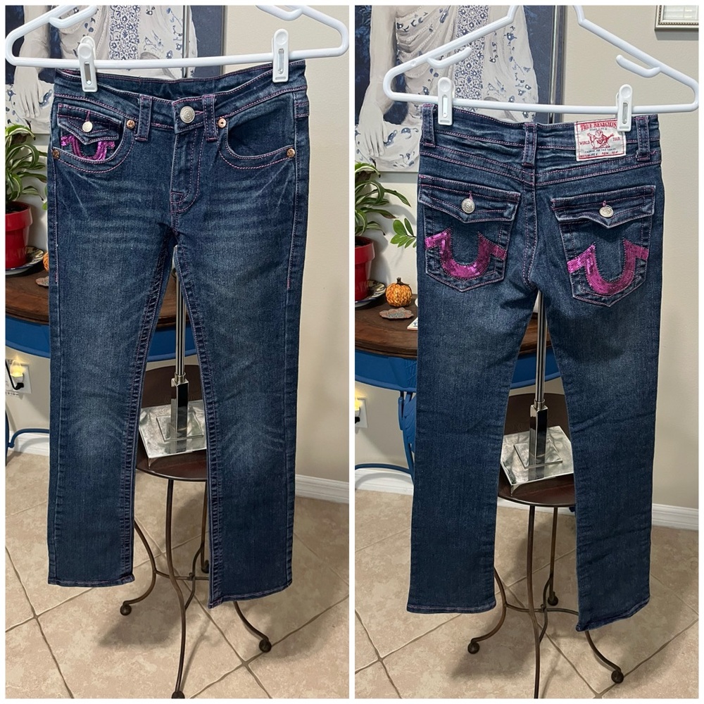True Religion Dark Blue Boot Cut Jeans with Pink Pocket Accent